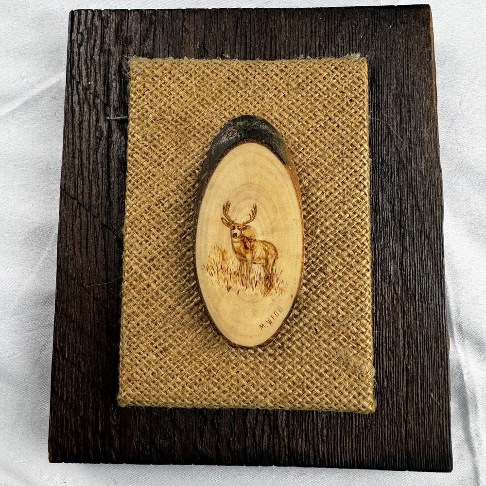 Vintage Original Buck Deer Woodburning On Solid Block Wooden Frame Signed M Webb